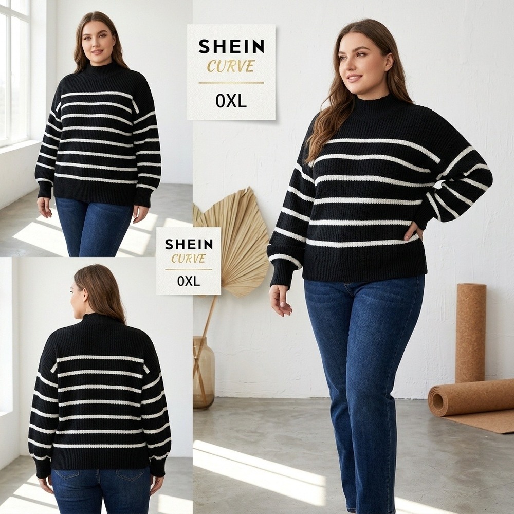 SHEIN Curve Sweater Womens 0XL Black Excellent Striped Mock Neck Balloon Sleeve